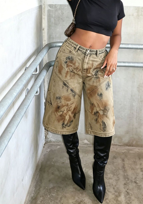 Women Washed Dirty Denim Capri Pants