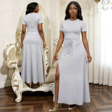 Women Pearl Round Neck Short-Sleeve Top + Slit Skirt Two-Piece Set