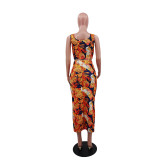 Women Summer Printed Crop Top and Skirt Two-Piece Set