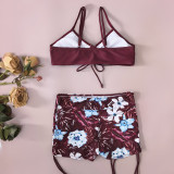 Women Tropical Leaf Print Fluorescent Square Leg Swimwear