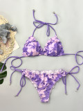 Women Halter Neck Tie-Up Sexy Floral Print Ruffle Edge Swimwear Two-Piece