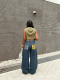 Women Checkered Number Patchwork Embroidered Denim Pants