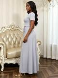 Women Pearl Round Neck Short-Sleeve Top + Slit Skirt Two-Piece Set