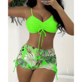 Women Tropical Leaf Print Fluorescent Square Leg Swimwear