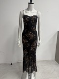 Women Summer Print Sexy Lace Patchwork Asymmetrical Maxi Strap Dress