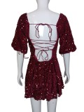 Women Square Neck Puff Sleeve Sequin Birthday Mini Dress