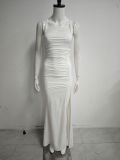 Women Backless Lace-Up Sexy Backless High Slit Pleated Bodycon Maxi Dress