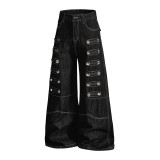 Women Metal Rivet Stitched Five-Pocket Denim Pants