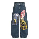 Women Checkered Number Patchwork Embroidered Denim Pants
