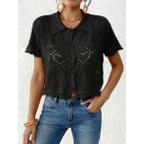 Women Hollow-Out Machine-Knitted Heart Print Jacquard Beach Short Cover-Up Top