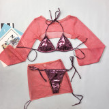 Women Glossy Mesh Cover-Up Sexy Bikini Beach Swimwear Three-Piece