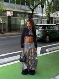 Women Checkered Patchwork Embroidered Denim Pants