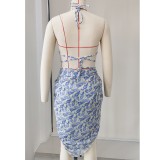 Women Bikini Lace-Up Sexy Backless Printed Two-Piece Swimwear