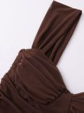 Women Mesh Backless High Slit Off-Shoulder Pleated Bodycon Maxi Strap Dress
