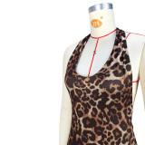 Women's Lace-Up Low Back Ruched Slim Fit Leopard Print Jumpsuit