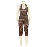 Women's Lace-Up Low Back Ruched Slim Fit Leopard Print Jumpsuit
