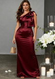 Women's Elegant Solid Color Satin Slash-Shoulder Slim Slit Floor-Length Formal Party Evening Gown