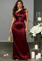 Women's Elegant Solid Color Satin Slash-Shoulder Slim Slit Floor-Length Formal Party Evening Gown Women's Elegant Solid Color Satin Slash-Shoulder Slim Slit Floor-Length Formal Party Evening Gown