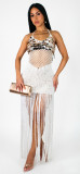 Women's Summer Knit Crochet See-Through Sequin Tassel Lace-Up Asymmetric Beach Dress