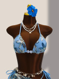 Women's Floral Embroidery Sequin Mesh Bikini Two-Piece Swimsuit Three-Piece Set