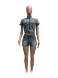 Women's Fashion Sexy High Stretch Washed Denim Casual Two-Piece Shorts Set