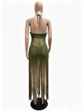 Women's Summer Knit Crochet See-Through Sequin Tassel Lace-Up Asymmetric Beach Dress