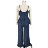 Women's Summer Sleeveless Strap Denim Pants Set