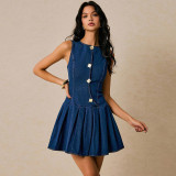 Women's Fashion Button Sleeveless Slim Waist Denim Dress