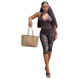 Women's Lace-Up Low Back Ruched Slim Fit Leopard Print Jumpsuit