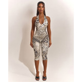 Women's Lace-Up Low Back Ruched Slim Fit Leopard Print Jumpsuit