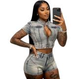 Women's Fashion Sexy High Stretch Washed Denim Casual Two-Piece Shorts Set