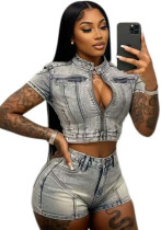 Women's Fashion Sexy High Stretch Washed Denim Casual Two-Piece Shorts Set