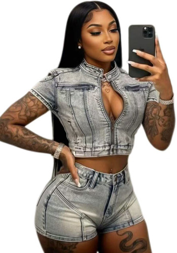 Women's Fashion Sexy High Stretch Washed Denim Casual Two-Piece Shorts Set