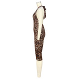 Women's Lace-Up Low Back Ruched Slim Fit Leopard Print Jumpsuit