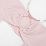 Women's Fashion Sexy Solid Color Cutout Halter Neck Top Tight Fitting Capri Pants Set