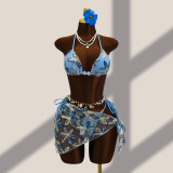 Women's Floral Embroidery Sequin Mesh Bikini Two-Piece Swimsuit Three-Piece Set
