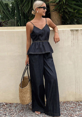 Women's Summer Sleeveless Strap Denim Pants Set