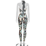 Women's Spring Summer Halter Neck Lace-Up Low Back Print Top High Waist Tight Fitting Pants Set