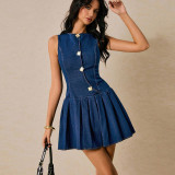 Women's Fashion Button Sleeveless Slim Waist Denim Dress