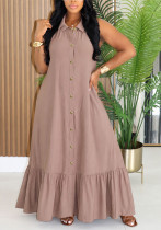 Women's Summer Holidays Sleeveless Solid Color Turndown Collar Ruffle Maxi Dress Women's Summer Holidays Sleeveless Solid Color Turndown Collar Ruffle Maxi Dress