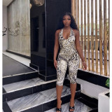 Women's Lace-Up Low Back Ruched Slim Fit Leopard Print Jumpsuit