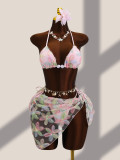 Women's Floral Embroidery Sequin Mesh Bikini Two-Piece Swimsuit Three-Piece Set