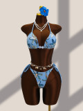 Women's Floral Embroidery Sequin Mesh Bikini Two-Piece Swimsuit Three-Piece Set
