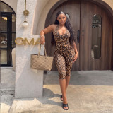 Women's Lace-Up Low Back Ruched Slim Fit Leopard Print Jumpsuit