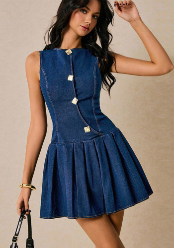 Women's Fashion Button Sleeveless Slim Waist Denim Dress