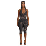 Women's Lace-Up Low Back Ruched Slim Fit Leopard Print Jumpsuit