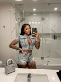 Women's Fashion Sexy High Stretch Washed Denim Casual Two-Piece Shorts Set