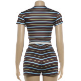 Women's Summer Fashion Chic Street Trend Striped Print Slim Fit Top Pants Set