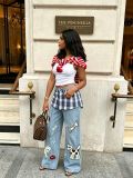 Women's Plaid Patchwork Cartoon Puppy Embroidered Denim Pants