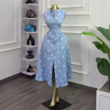 Women's Summer Chic Elegant Blue Floral Slim Fit Sleeveless Slit Dress